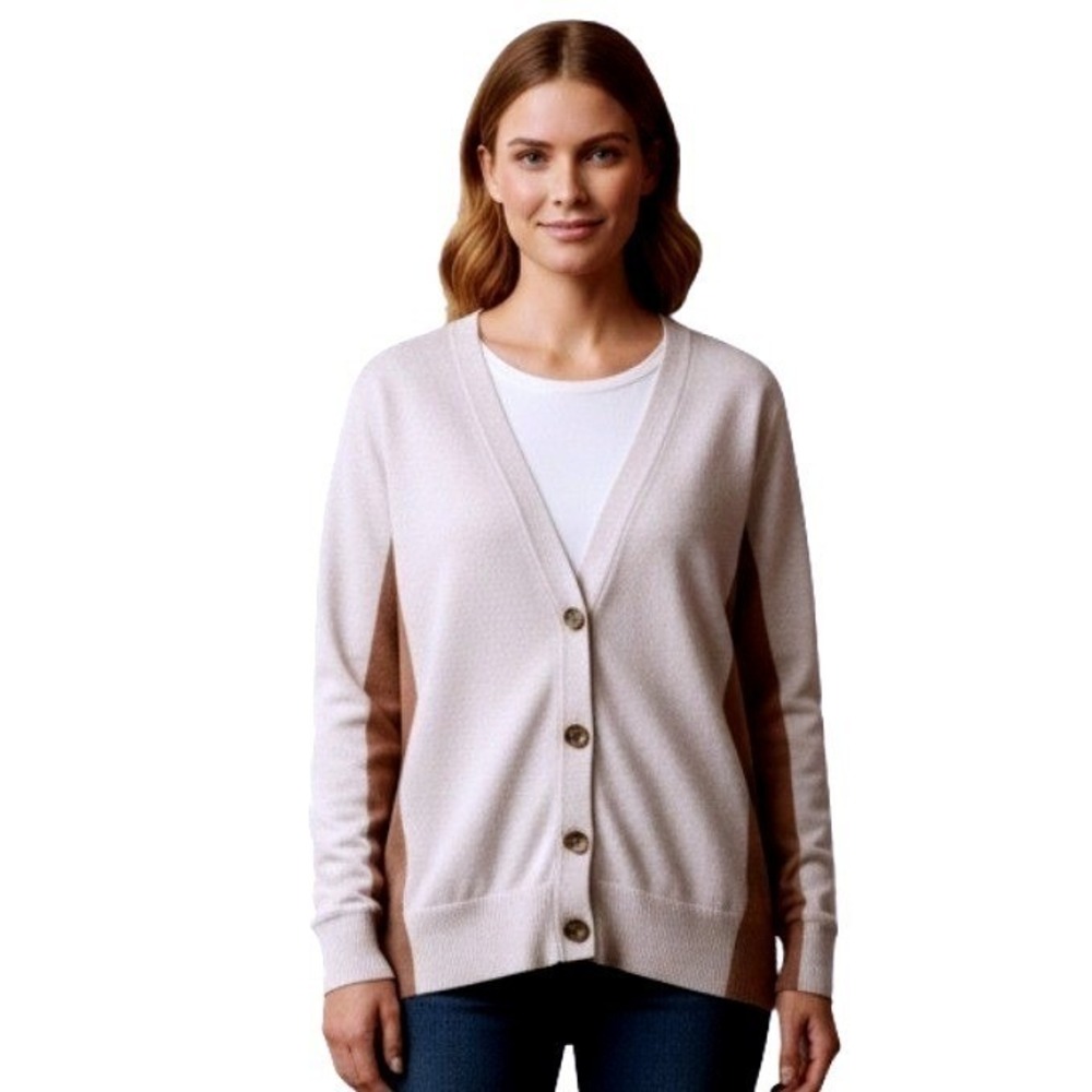 White‎ House Black Market Cardigan L Colorblock Rhinestone Buttons Tan White